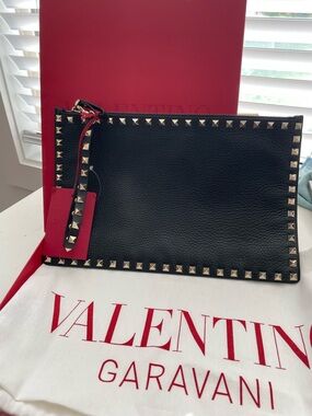 Valentino Garavani Black Leather Rockstud Wristlet with Red Tag